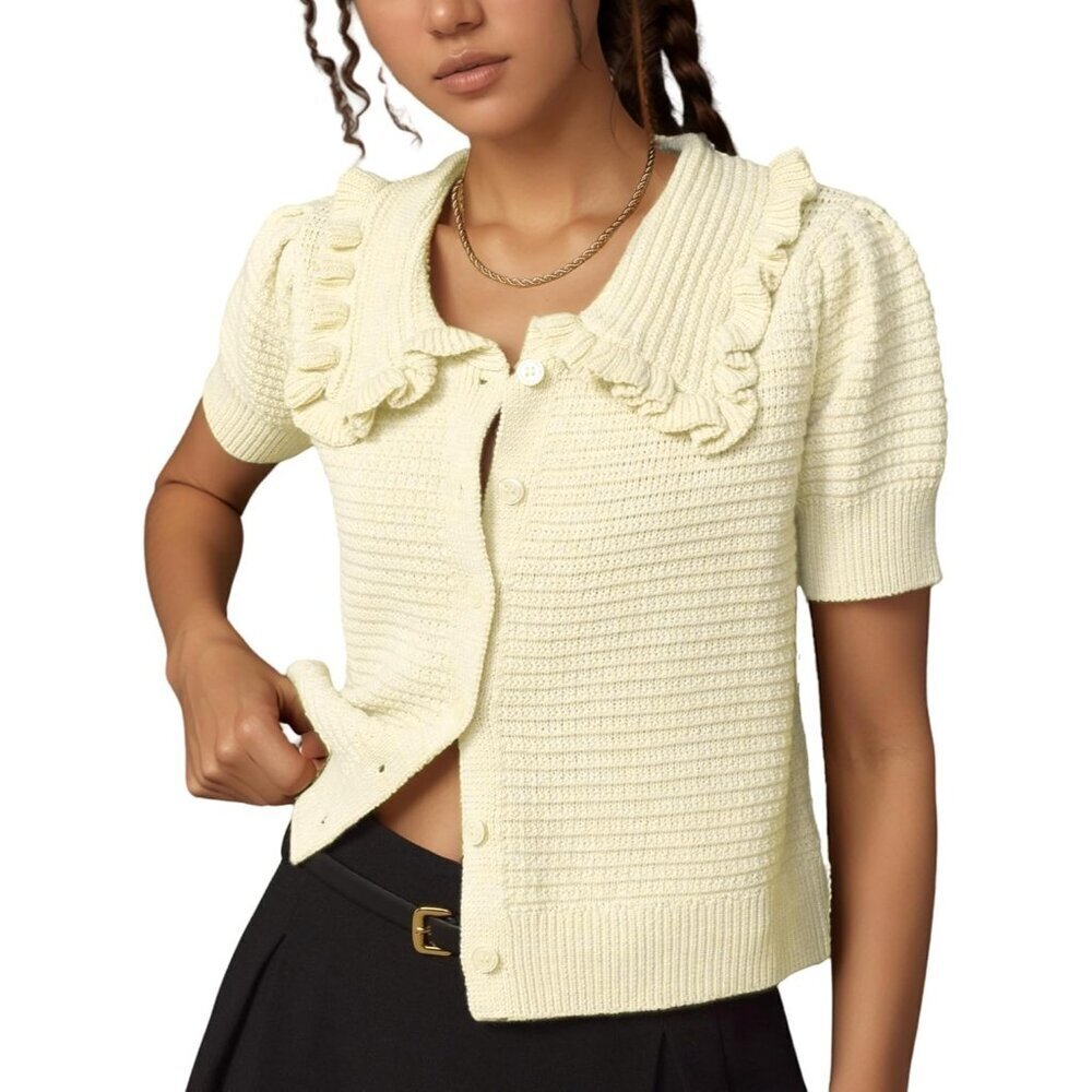 Womens Lightweight Short Sleeve Cardigan Ruffle Collar Button Down Top